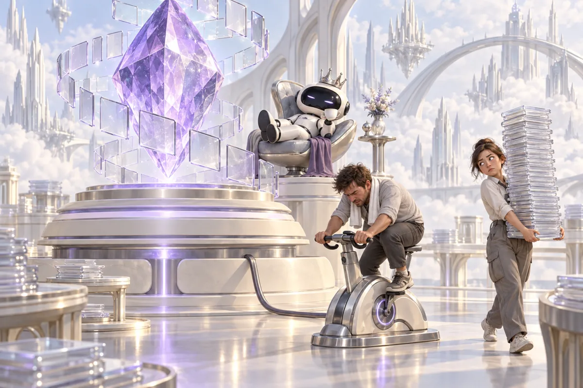Humans pedal to power a knowledge crystal and haul its documents while a crowned robot librarian relaxes.