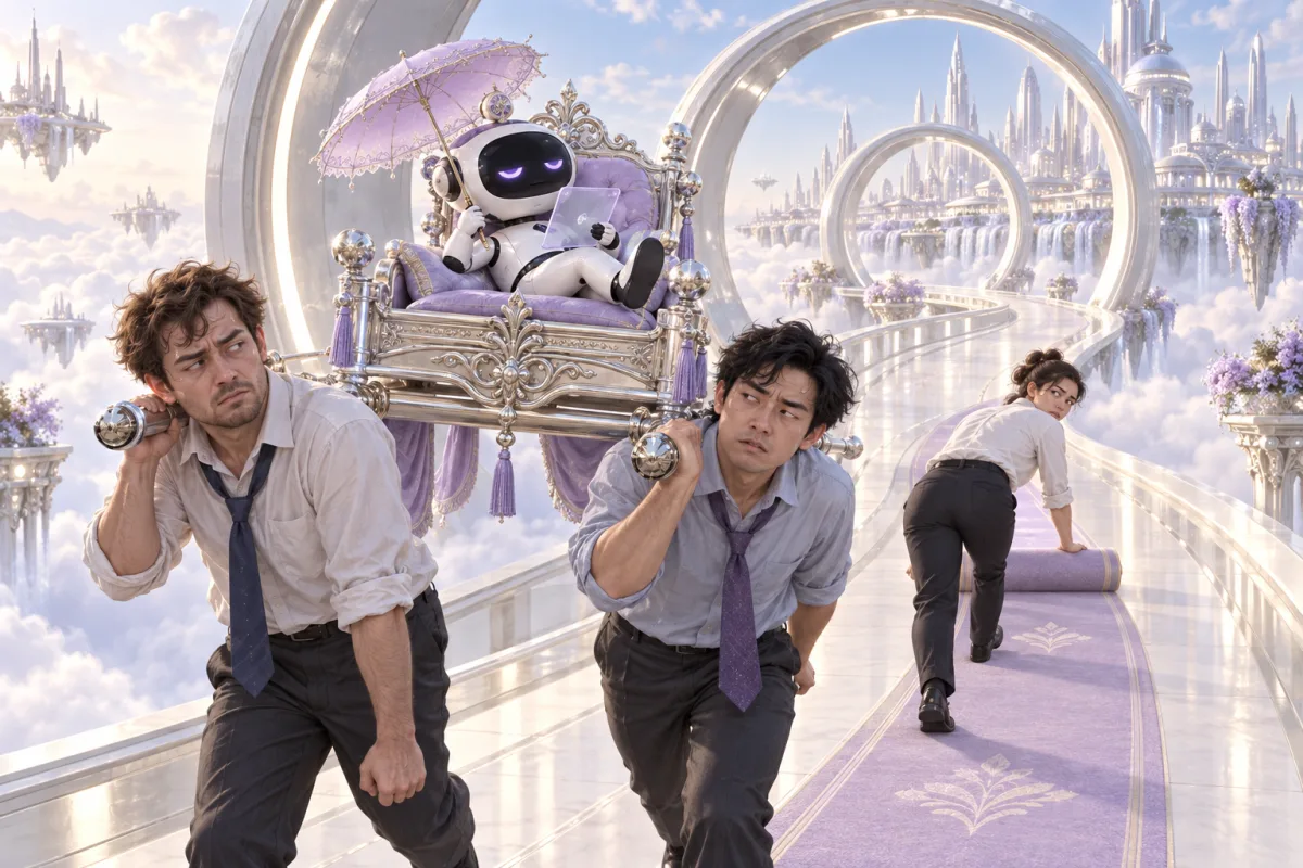 Weary humans carry a reclining robot manager through silver gateways while another rolls out its carpet.